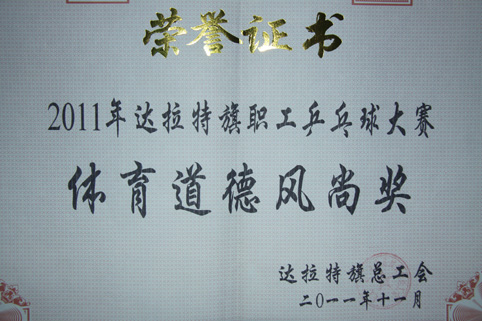 2011达拉特旗职工乒乓球大赛体育道德风尚奖